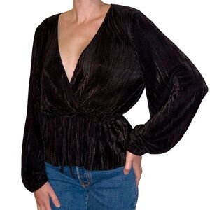 Zara Black Pleated Wrap Blouse with Tie Waist